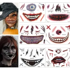 6 Ark Halloween Ansigts Tatoveringer, Halloween Ansigtsmærkater Skeletmund Tatovering Halloween Makeup Sæt til Voksne