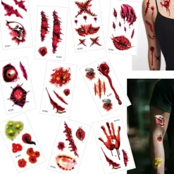10 ark Halloween Horror Realistiske Falske Blodige Sår Syning Ar Skorpe Skræmmende Ansigts Tatoveringer