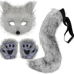 2024 Faux Fur Ræv Rævehale Kat Cosplay Kostume Sæt Plys Maske Fluffy Poter Handsker Halloween Jul