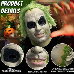 2024 Halloween Beetlejuice Klovnemaske Skræmmende Joker Fuld Hovedmaske Cosplay Kostume Rekvisitter Fancy Dress-FA- Short hair