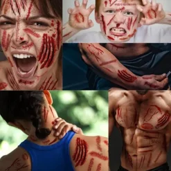 300 midlertidige tatoveringer - Halloween-arr-tatoveringer - Ansigts- og kropsmakeup - 3D-simulerede sår - Mørke ar...