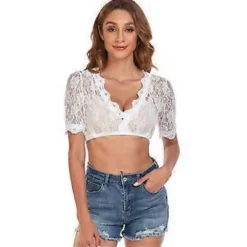 100% Ny Opgraderet Bayersk Oktoberfest Kostume til Kvinder Traditionel Dirndl Bluse Ølhave Cropped Top (36 Hvid halv ærme)