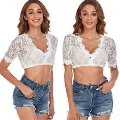 100% Ny Opgraderet Bayersk Oktoberfest Kostume til Kvinder Traditionel Dirndl Bluse Ølhave Cropped Top (36 Hvid halv ærme)