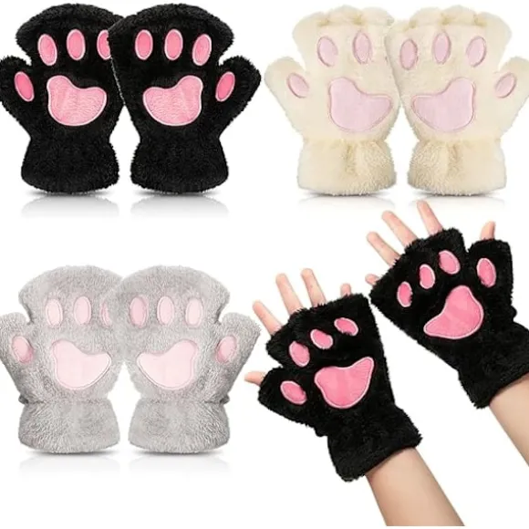 3 Par Furry Plush Katteklo-Handsker
