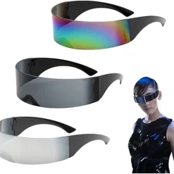 3 par futuristiske solbriller sjove spejlfestbriller slanke rumvæsenbriller til Halloween (grå, sølv, farverige)