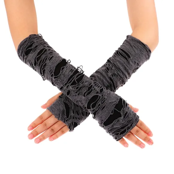 1 par gotiske fingerløse handsker Halloween sorte revne huller black