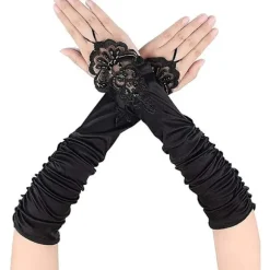 1 par lange elastiske fingerløse handsker til kvinder Blonde Opera Aftenhandsker Satinhandsker til Halloweenfest, bryllup, koncert (sort)-FA-