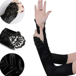 1 par lange elastiske fingerløse handsker til kvinder Blonde Opera Aftenhandsker Satinhandsker til Halloweenfest, bryllup, koncert (sort)-FA-