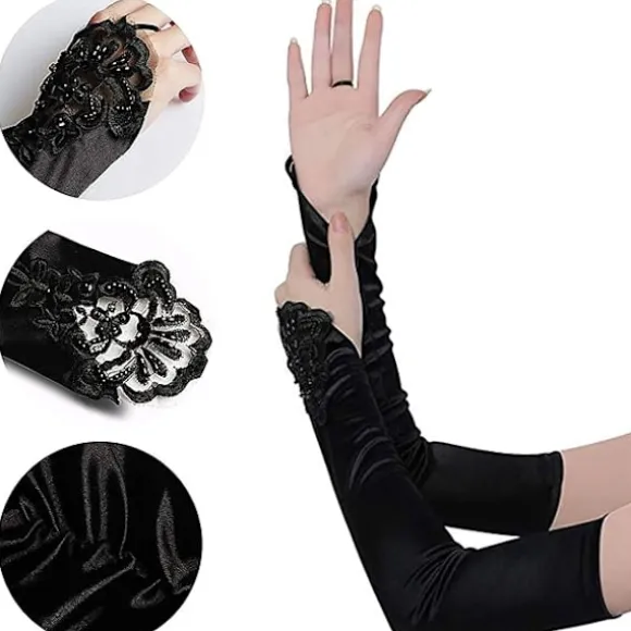 1 par lange elastiske fingerløse handsker til kvinder Blonde Opera Aftenhandsker Satinhandsker til Halloweenfest, bryllup, koncert (sort)-FA-