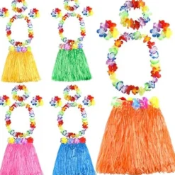 5 Sæt 25 stk. Hawaiiansk Græs Hula Nederdele Sæt Inkluderer Blomster Halskæde