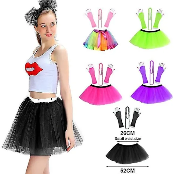 1 sæt, 80'er Fancy Party Kostume Tilbehørssæt, 1980'er Fancy Dress Neon Kostume Tilbehør Med Øreringe Armbånd Perlehalskæder Tutu Nederdel Fiskenet Handsker | Fyndiq