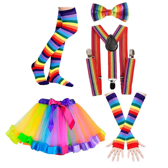 1 Sæt Festkostume Neon-tema Behagelige Regnbuehandsker Sløjfebånd Strømper Tutu Kjole Til Voksne Damer