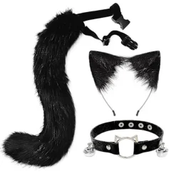 3 stk. Cosplay Kat Sød Ører Hårbøjle Lodden Rævehale Klokke Hals Choker Sæt Legetøj Black