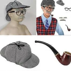 2 stk. Detektivkostume Sæt Deerstalker Hat Røgede Piber Cosplay Hat Kostume Pibe til Halloween Tema Fester Sort