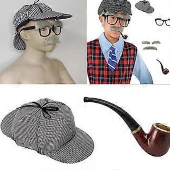 2 stk. Detektivkostume Sæt Deerstalker Hat Røgede Piber Cosplay Hat Kostume Pibe til Halloween Tema Fester Sort