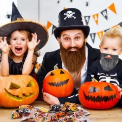 4 stk. falske skæg, halloween skæg, julemandsskæg, hvidt langt hår, sort skæg, festskæg