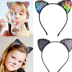 8 stk. Glitter Katteøre Pandebånd Halloween Maskerade Catwoman Hårbånd
