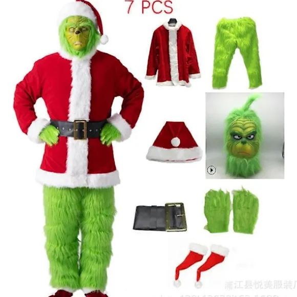7 stk. Grinchen Kostume Jule Cosplay Voksen Julemandskostume Sæt + Maske A-Perfet C S