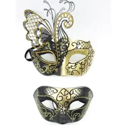 2 stk. guld venetianske masker, metal maskerade masker, parmasker, bal, karneval