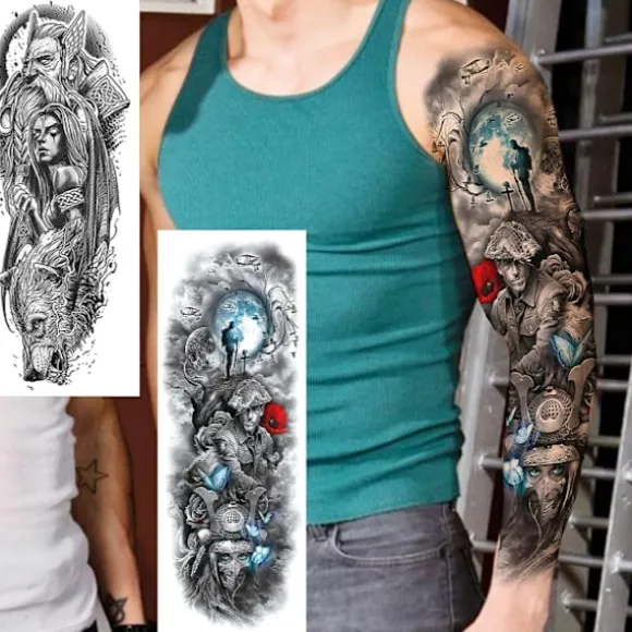 12 stk. Halloween fuld arm midlertidig tatovering kvinde manchet falsk kriger tatovering klistermærke alle ulv løve tiger øje stor midlertidig tatovering mand ben dyr voksen | Fyndiq