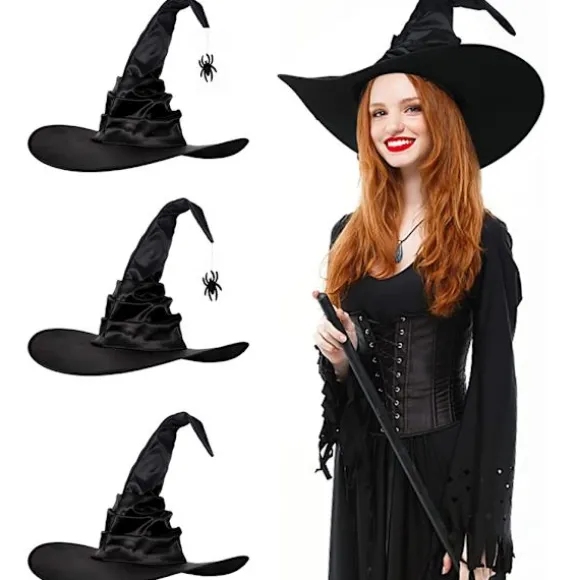 3 stk. Halloween heksehatte sort edderkop flagermus heksehat stor rynket hatte kvinder kostume tilbehør til Halloween cosplay fest
