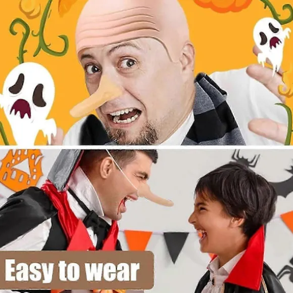 4 stk. Halloween-kostumetilbehør til voksne, Latex skaldet hoved med paryk, stribet halstørklæde, falsk lang næse, rollespilsfest tegneserie cosplay | Fyndiq
