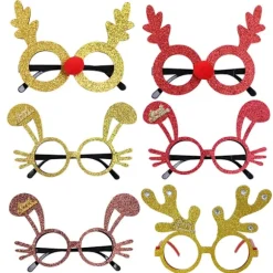 6 stk. julefestbriller, juletræ, julehat, sløjfe, julemand, elgegevir, kaninører, briller, glitterbriller, kostume, jul