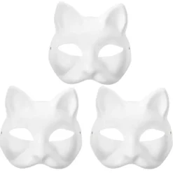 3 stk. kattemaske, Therian masker hvide kattemasker tomme DIY Halloween maske Cosplay, 50% tilbud