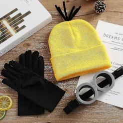 3 stk. Kostumetilbehør Voksen Gul Beanie Strikkede Huer Steampunk Beskyttelsesbriller Briller Sorte Handsker Halloween Cosplay