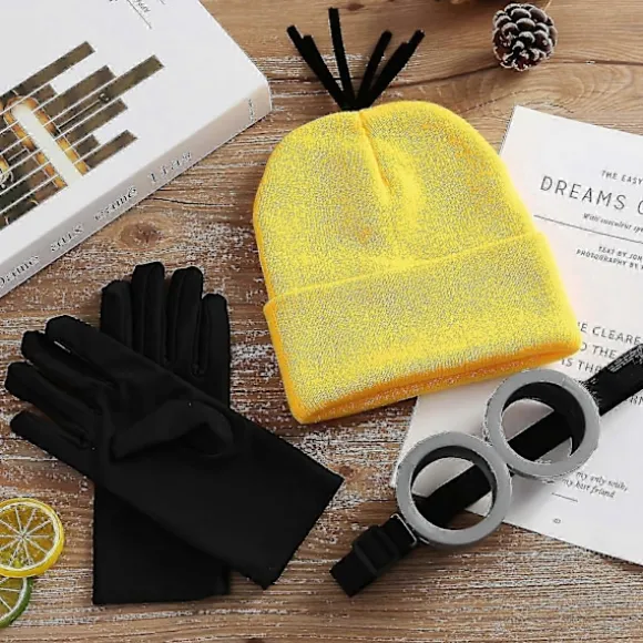 3 stk. Kostumetilbehør Voksen Gul Beanie Strikkede Huer Steampunk Beskyttelsesbriller Briller Sorte Handsker Halloween Cosplay
