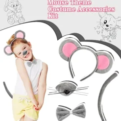 4 stk. Museører og Hale Kostumesæt Rotteører Pandebånd Næse Butterfly Haler Fancy Dress Tilbehør til Børn Voksne World Book Day Cosplay Fødselsdag
