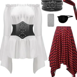 7 stk. Piratkostume til kvinder Cosplay Renæssance Bluse Toppe Korset Taljebælte Piratnederdel Pirat Cosplay Outfit 7 Pcs Large