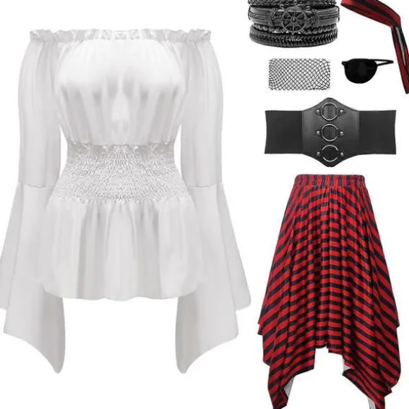 7 stk. Piratkostume til kvinder Cosplay Renæssance Bluse Toppe Korset Taljebælte Piratnederdel Pirat Cosplay Outfit 7 Pcs Large
