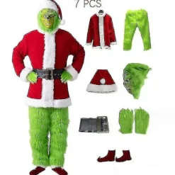 7 stk. The Grinch-kostume Jule Cosplay Voksen Julemandskostume Sæt + Maske A-WELLNGS Kun Maske Maske only{KPO} Mask only L