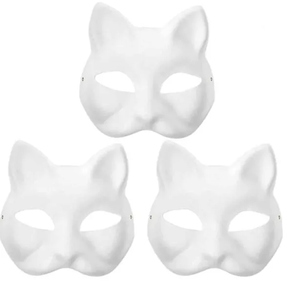 3 stk. Therian Masker Hvide Kattemasker Blanke DIY Maske Dyr, Kattemasker
