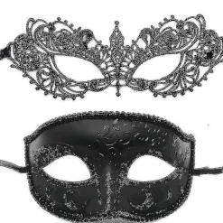 2 stk. venetianske maske til maskeradebal, fest og kostumefest - størrelse: sort