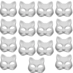 15 stk. Vita Dekorativa Malbare Masker Halvt Ansigt Kattemasker Halloweenfest Tomt Papir Enkelt
