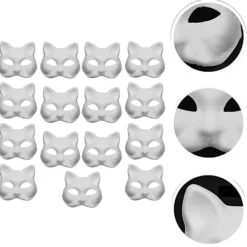 15 stk. Vita Dekorativa Malbare Masker Halvt Ansigt Kattemasker Halloweenfest Tomt Papir Enkelt