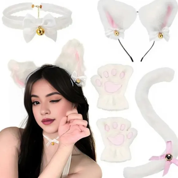 4 stk./sæt Kattedragt Cosplay Tilbehør Sæt Plys Materiale Katteører Hårbøjle Klokkehalsbånd Klotasser Hale Sæt Hvid White One Size