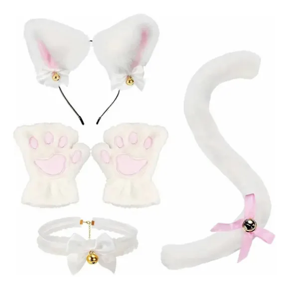 4 stk./sæt Kattedragt Cosplay Tilbehør Sæt Plys Materiale Katteører Hårbøjle Klokkehalsbånd Klotasser Hale Sæt Hvid One Size White One Size