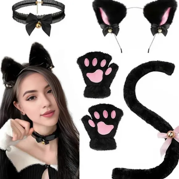 4 stk./sæt Kattedragt Cosplay Tilbehør Sæt Plys Materiale Katteører Hårbøjle Klokkehalsbånd Klotasser Hale Sæt Hvid One Size White One Size