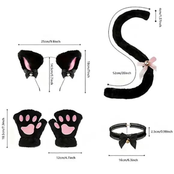 4 stk./sæt Kattedragt Cosplay Tilbehør Sæt Plys Materiale Katteører Hårbøjle Klokkehalsbånd Klotasser Hale Sæt Hvid One Size White One Size