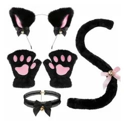 4 stk/sæt Kattekostume Cosplay Tilbehør Sæt Plys Materiale Katteører Hårbånd Klokkehalsbånd Potepuder Hale Sæt Sort Black One Size