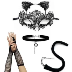 5 stk./sæt Katteører Pandebånd Maske Halskæde Handsker Sexy Kat Kostume Sæt til Fest