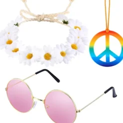 3 stykker hippie kostume sæt med regnbue fredstegn halskæde, blomster krone pandebånd & hippie solbriller, 60'er 70'er dressing tilbehør