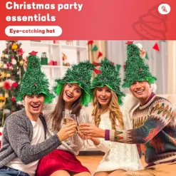 4 Stykker Juletræshat Sjov Julemandshat Træform Dekoreret med Stjernetopper og Pomponer Grøn til Julekostumer til Voksne og Børn