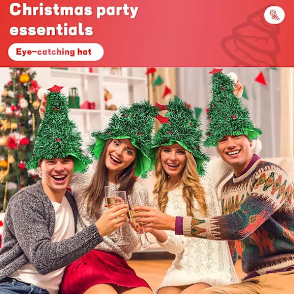 4 Stykker Juletræshat Sjov Julemandshat Træform Dekoreret med Stjernetopper og Pomponer Grøn til Julekostumer til Voksne og Børn