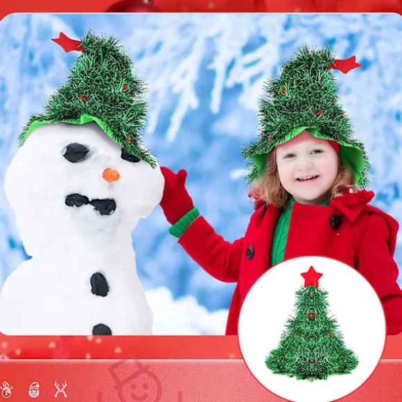 4 Stykker Juletræshat Sjov Julemandshat Træform Dekoreret med Stjernetopper og Pomponer Grøn til Julekostumer til Voksne og Børn