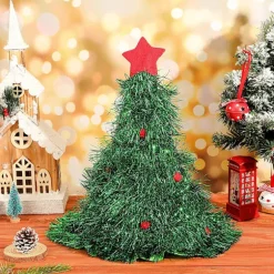 4 Stykker Juletræshat Sjov Julemandshat Træform Dekoreret med Stjernetopper og Pomponer Grøn til Julekostumer til Voksne og Børn