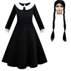 Adams Family Girl's Wednesday Cosplay Rollespilskostume 120cm dress wig 160cm
